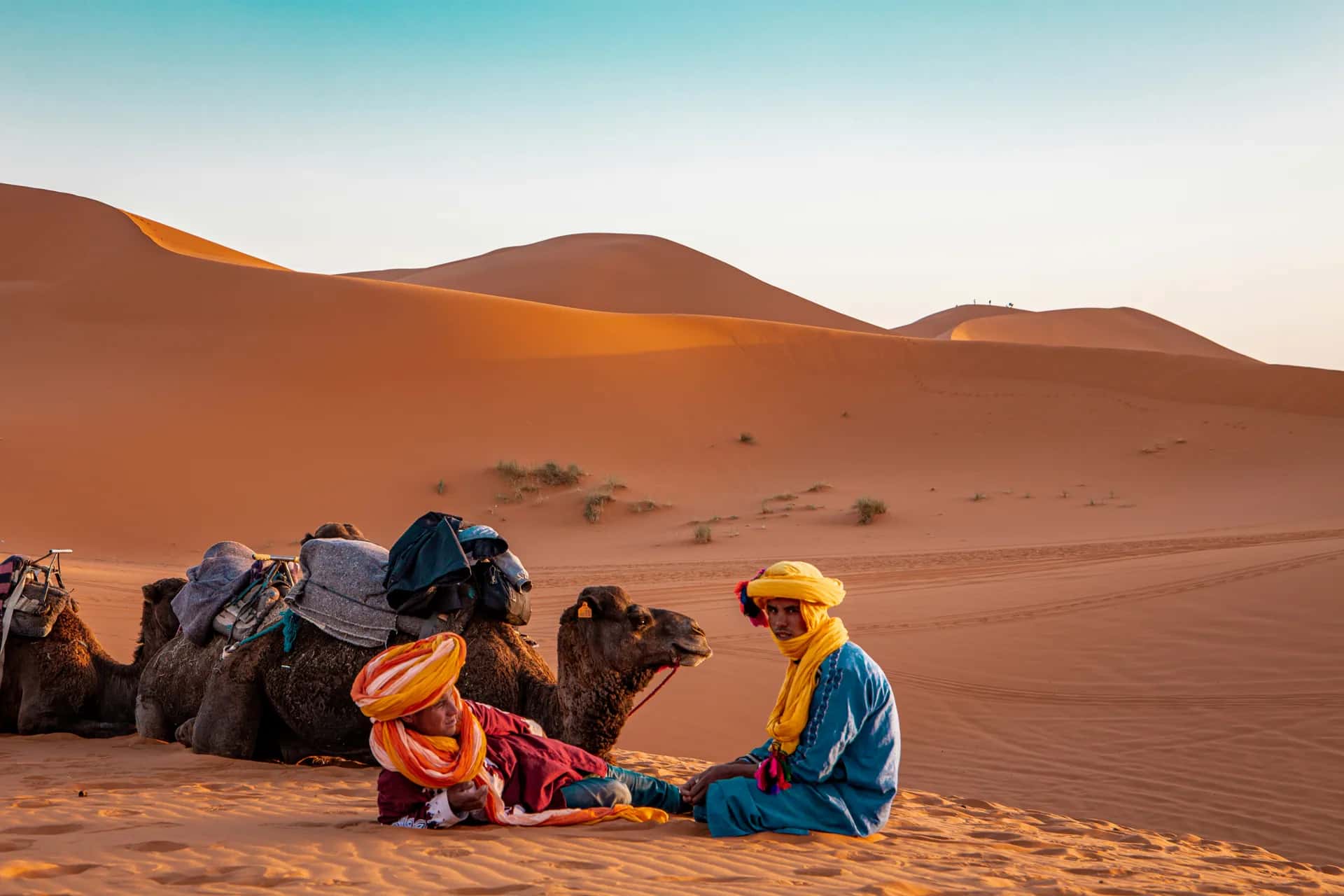 Guides resting with tea beside the camels