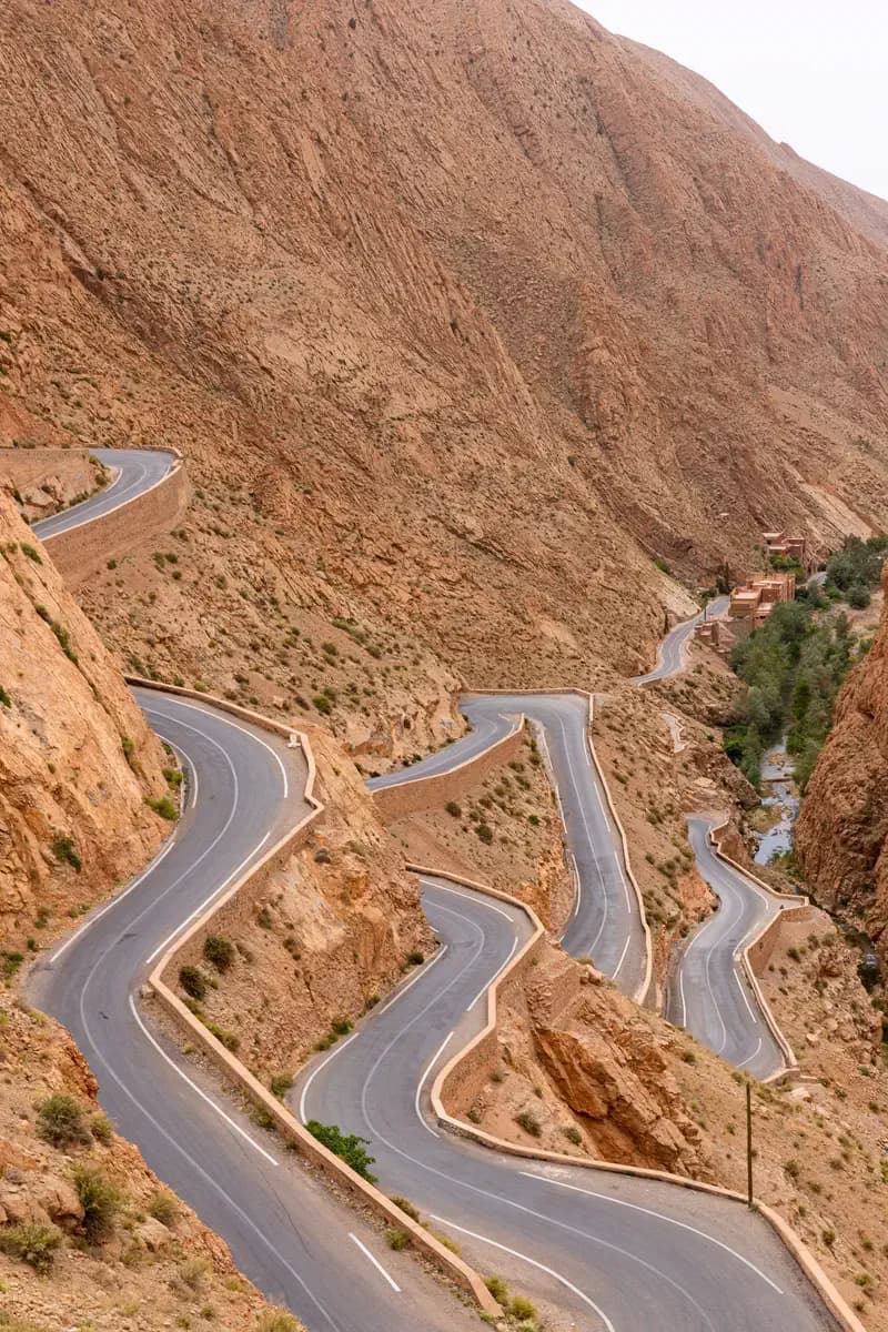 The hairpin bends of the Dades gorge road cut into the cliff