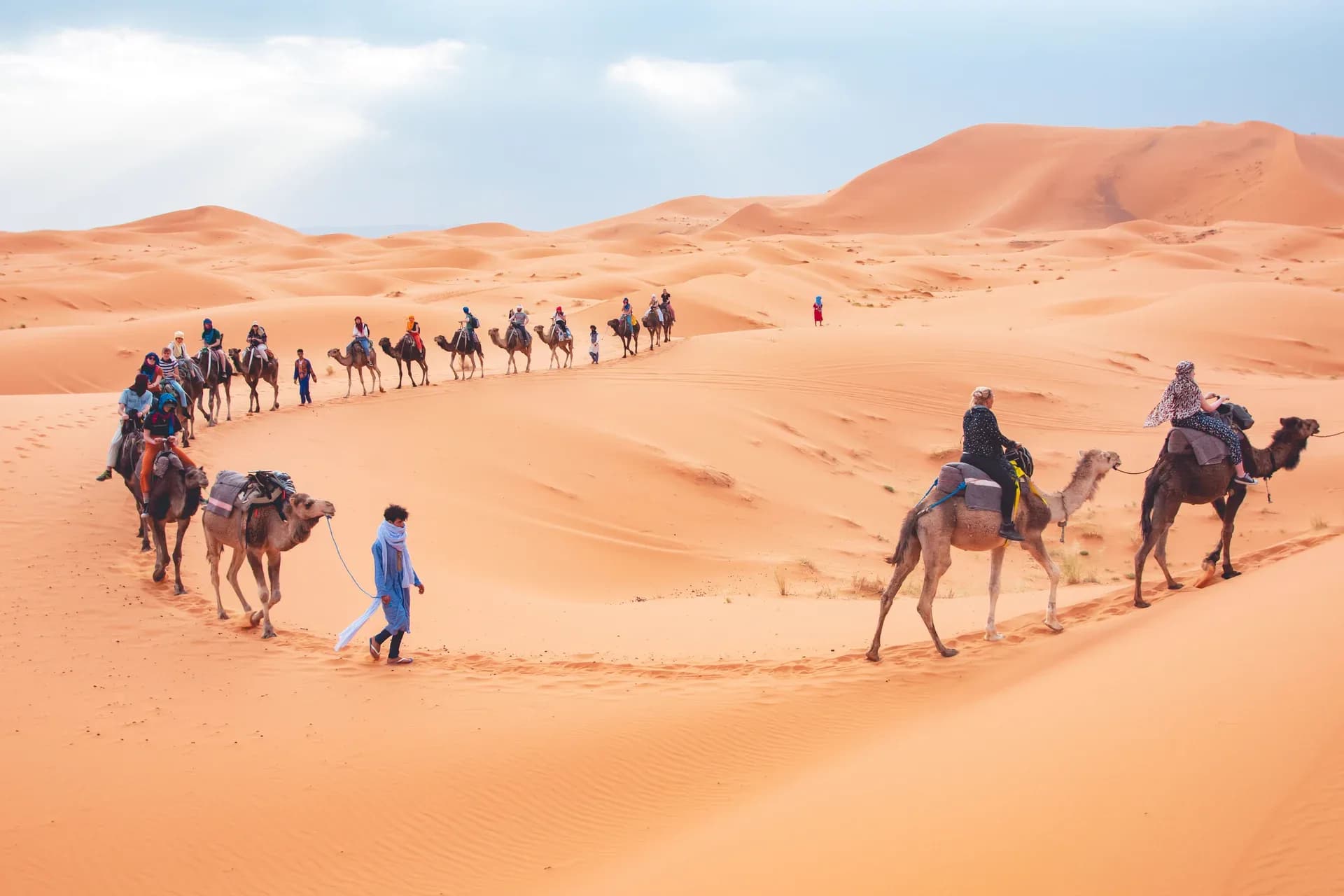A camel caravan winding through the dunes, a guide in blue leading